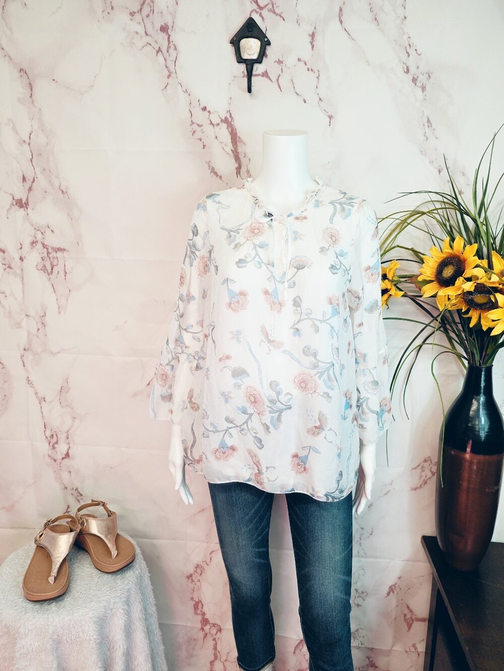 Angela Moda Made in Italy 100% Silk Floral Blouse Top L - Picture 2 of 8
